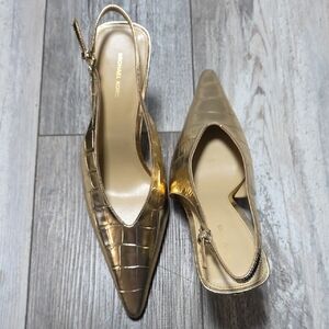 Michael Kors | Electra Slingback Gold Leather, Pointed Toe Stacked Heels *NWOB
